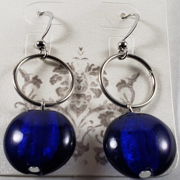 Polished Silver tone Hoop Blue Beaded Dangle Drop Earrings - Picture 1 of 4